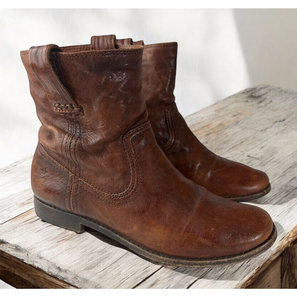 Frye Shoes - Frye Anna Shortie Leather Pull On Ankle Boots Camel Brown Size 6.5 M 3471055